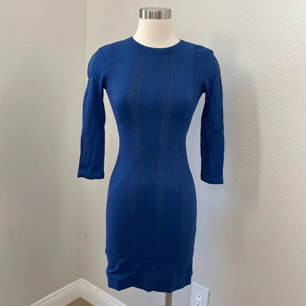 RAG & BONE‎ Womens 0 Elsa Royal Blue Pointelle Knit Dress Bodycon 3/4 Sleeve - Picture 2 of 16